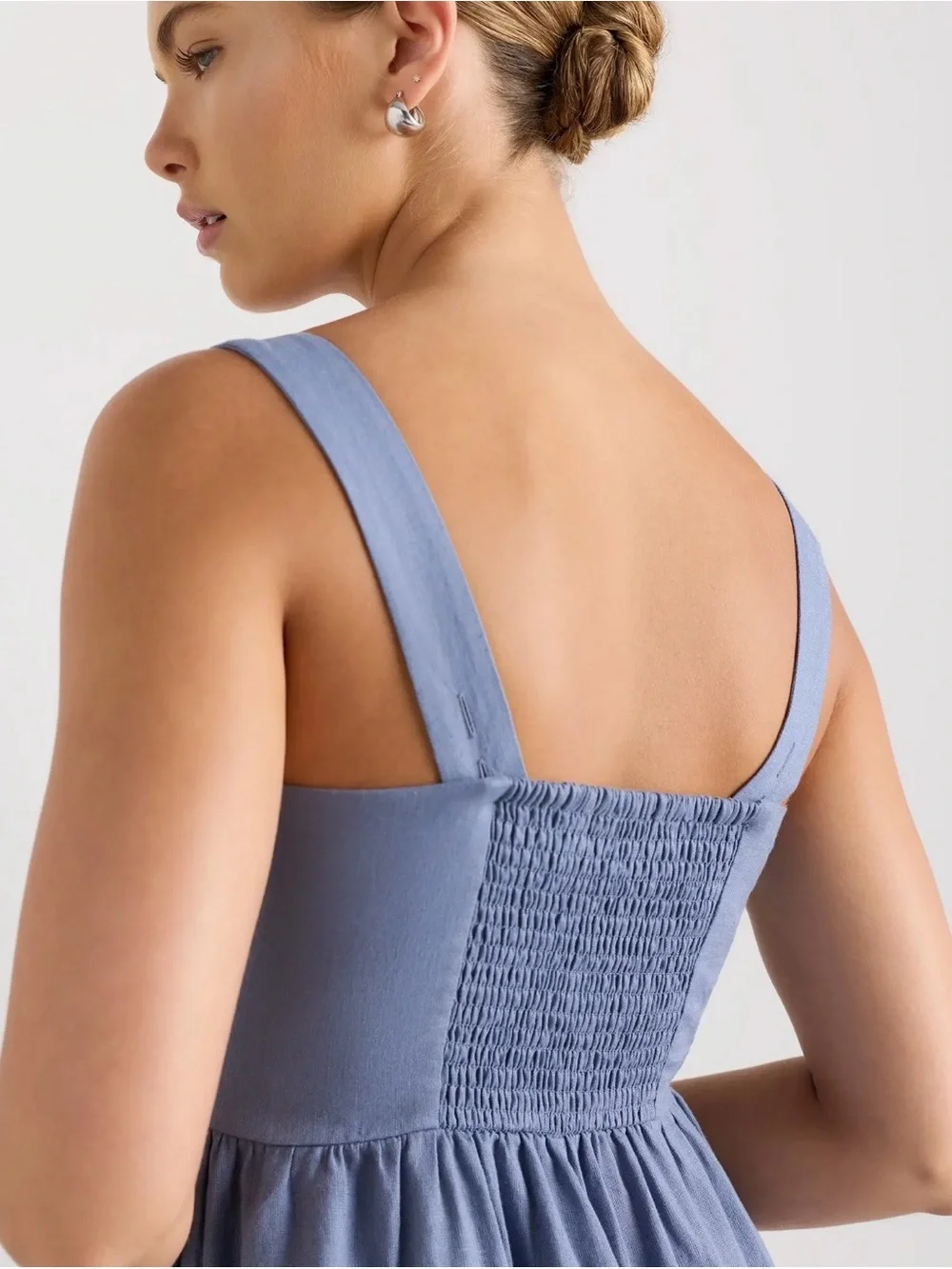 Quince Dusty Blue 100% European Linen Fit & Flare Midi Dress - Picture 3 of 7